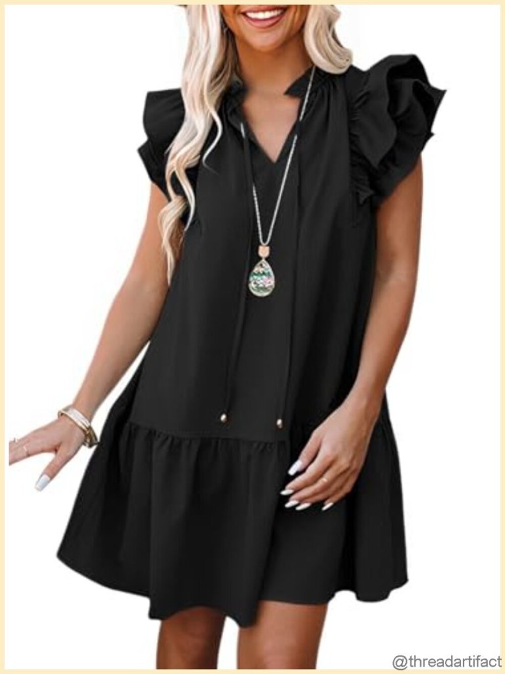 Womens Summer Mini Dress V-Neck Ruffle Cap Sleeve Drawstring Casual Sundress